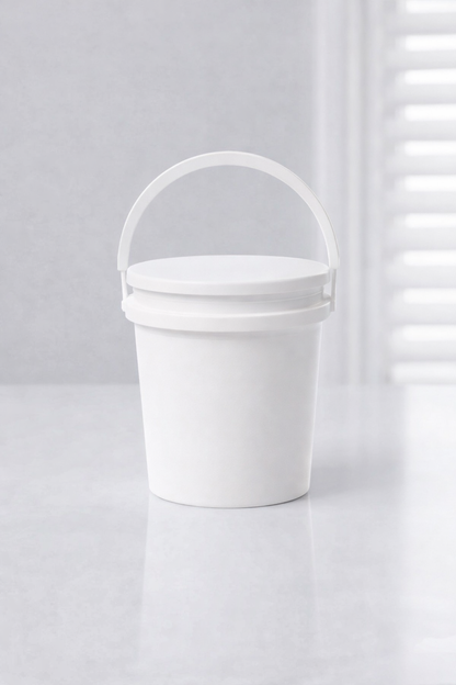 White bucket with a handle on a light gray background