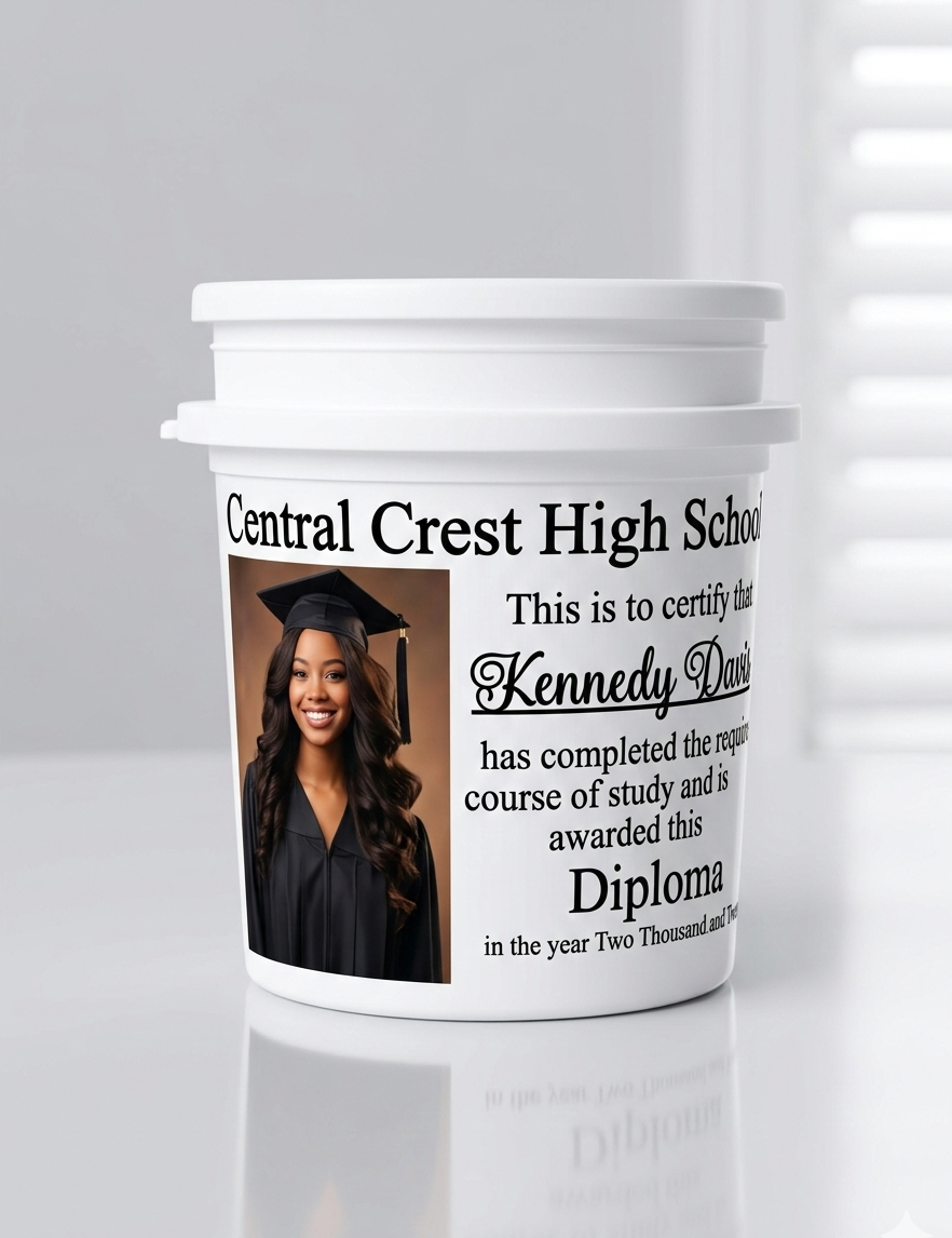 Graduation-themed personalized bucket with a photo of a graduate and text on a white background