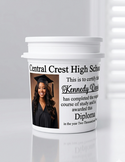 Graduation-themed personalized bucket with a photo of a graduate and text on a white background