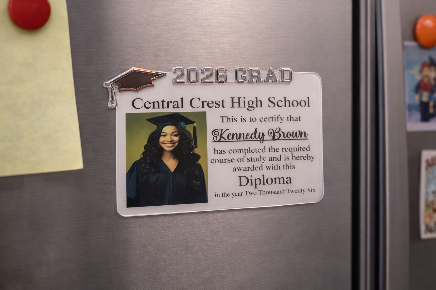 Graduation magnet on a refrigerator with a photo of a graduate and text.