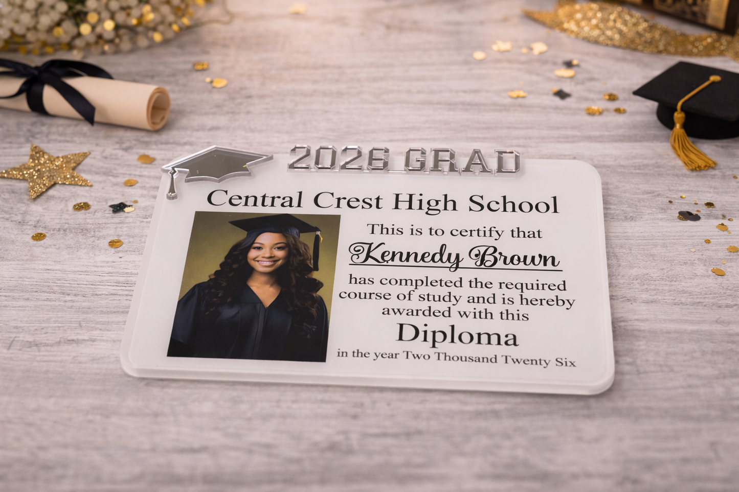 Graduation-themed magnet with a photo of a graduate, text, and decorative elements on a wooden surface.